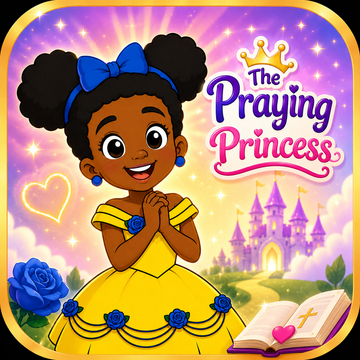 The Praying Princess app logo showing a smiling princess praying with a Bible and castle